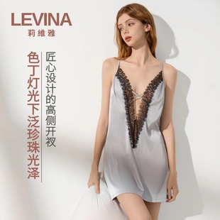 莉维雅爆款深V交叉蕾丝拼接睡衣女蕾丝拼接紫色镂空睡裙性感战袍