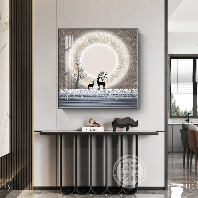 现代简约客厅装饰画正方形单幅餐厅柜子上挂画进门玄关发财鹿壁画图片