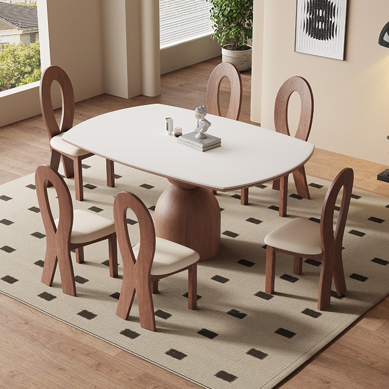 法式复古可伸缩餐桌椅组合胡桃色实木岩板折叠方变圆桌家用小户型