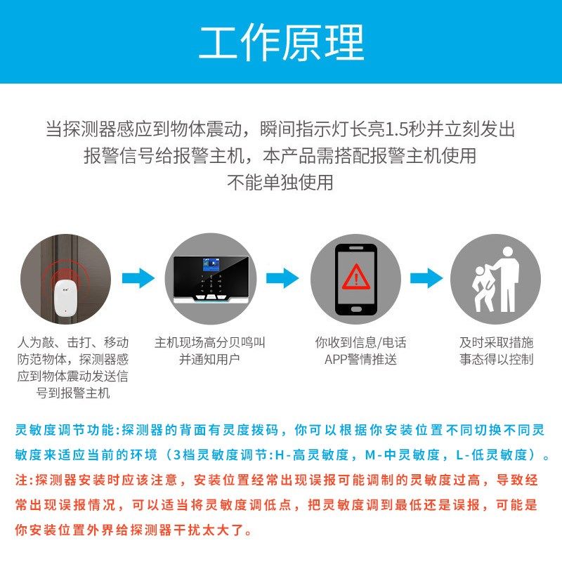 家用智能震动报警器玻璃破碎震动探测器车载电动门窗振动报警仪