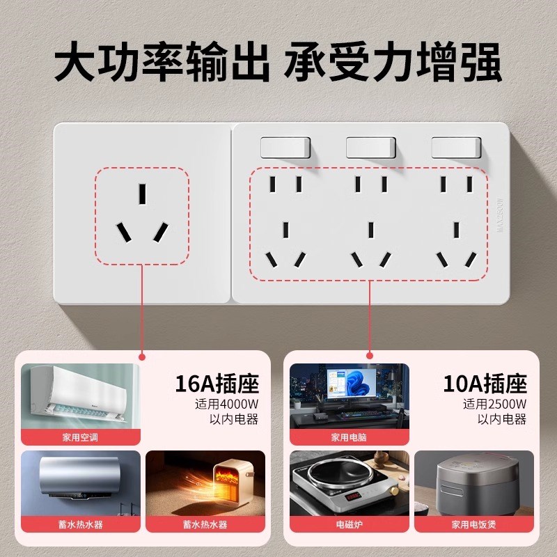 扩展式插座10A16A混合带开关大功率插座多功能免布线厨房拓展插座