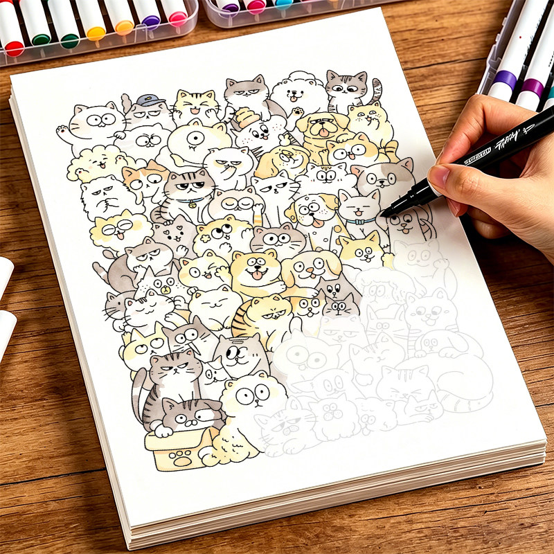 摸鱼线条画本素描临摹线稿描摹本儿童控笔练习画画本学生简笔画图册成人上班解压摸鱼本漫画涂鸦卡通人物手绘