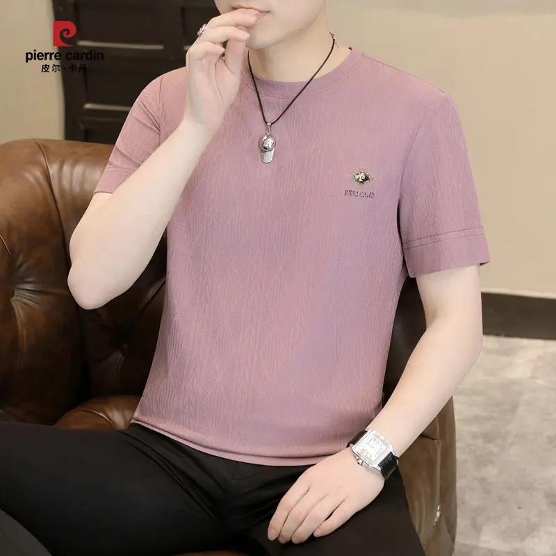 皮尔卡丹男士短袖T恤夏季薄款冰丝提花卫衣中年时尚宽松圆领上衣