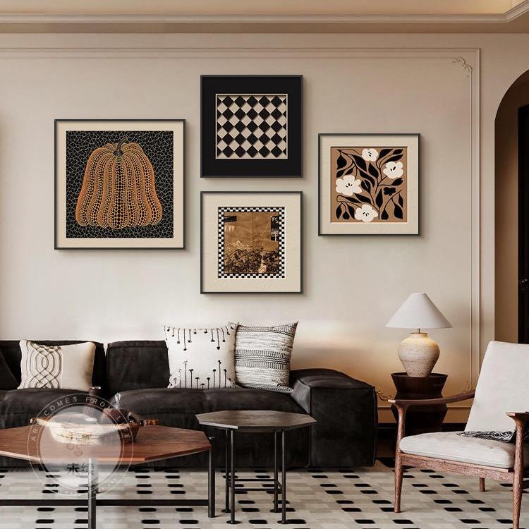 中古风客厅装饰画草间弥生艺术沙发背景墙挂画高级感小众组合壁画