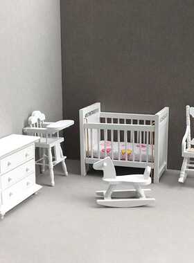 1:12娃娃屋dollhouse迷你家具白色儿童房套装儿童床摇摇马摇椅柜