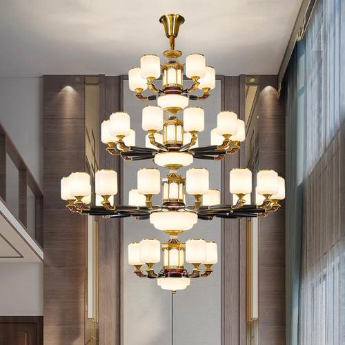 新中式复式楼别墅客厅大吊灯自建房中空挑高楼梯大厅餐厅实木灯具