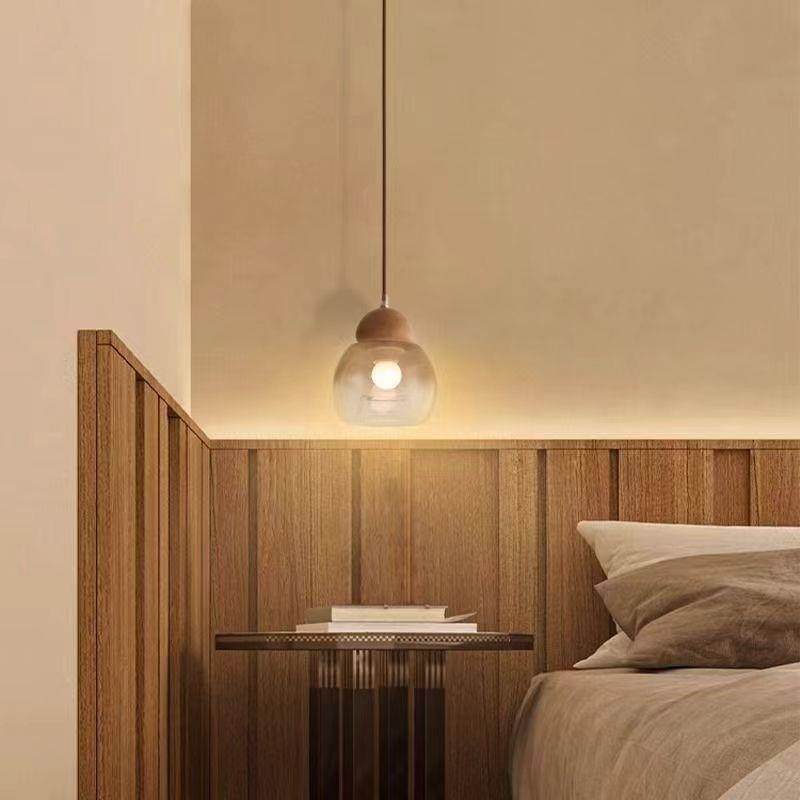 极简原木风小吊灯卧室灯饰温馨木艺复古创意个性玻璃设计床头吊灯