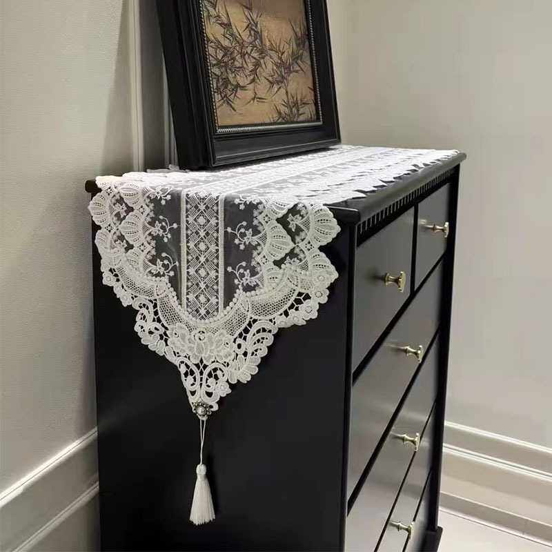 欧式轻奢白色蕾丝五斗柜鞋柜梳妆台防尘盖布艺电视柜茶几餐桌桌旗