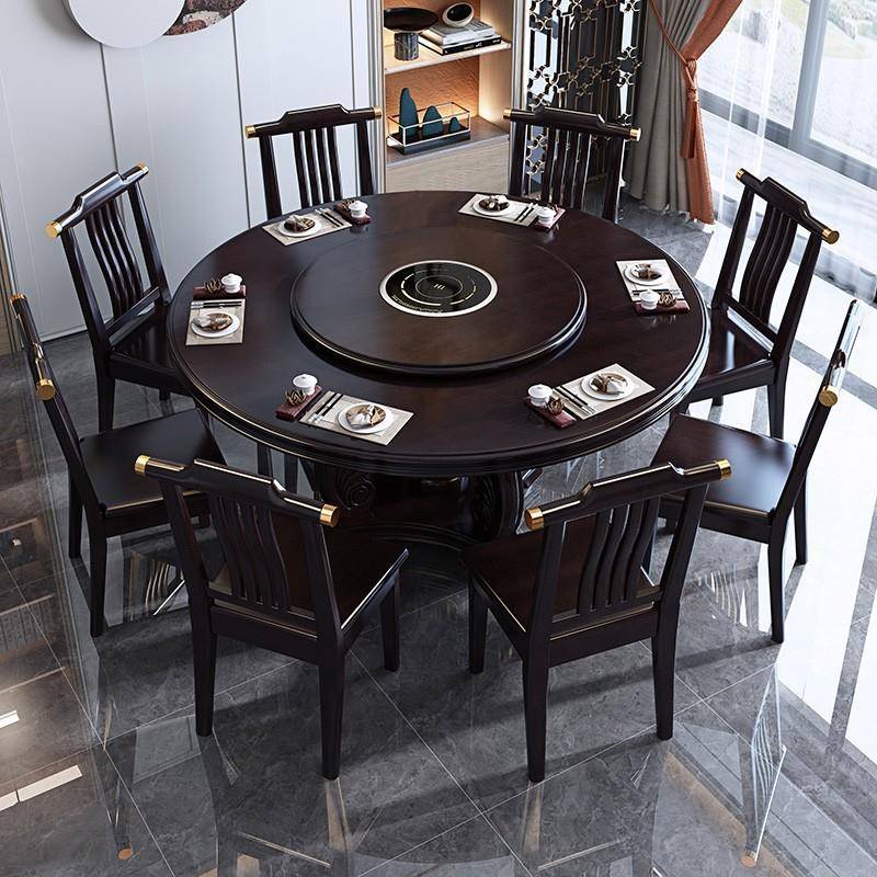 需定制中式实木餐桌带转盘火锅桌带电磁炉家用饭桌椅组合饭店酒店