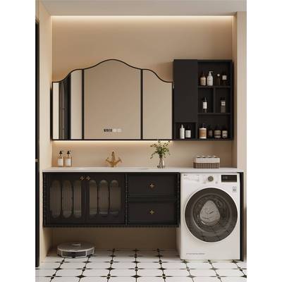 法式覆古浴室柜组合橡木岩板热弯一体盆卫生间洗漱台洗手盆落地柜