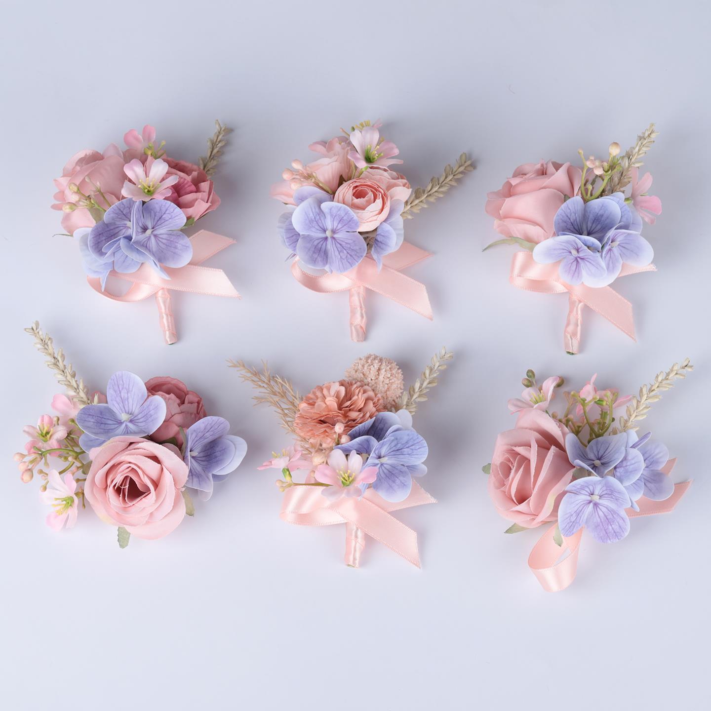 新款森系粉紫色彷真花胸花结婚新郎襟花婚礼新娘手腕花创意胸针