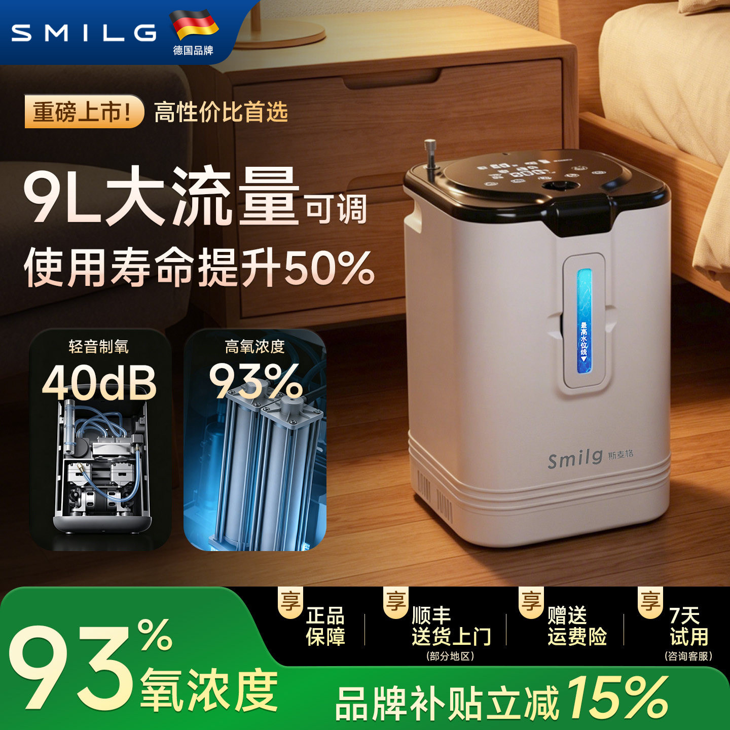 【德国品牌】斯麦格制氧机家用老人孕妇便携式吸氧家庭车载氧气机