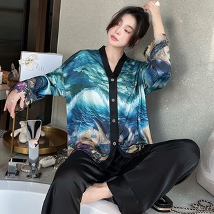 家居 2024新款 跨境春夏季 睡衣女冰丝长D袖 和服领宫廷风仿真丝大码