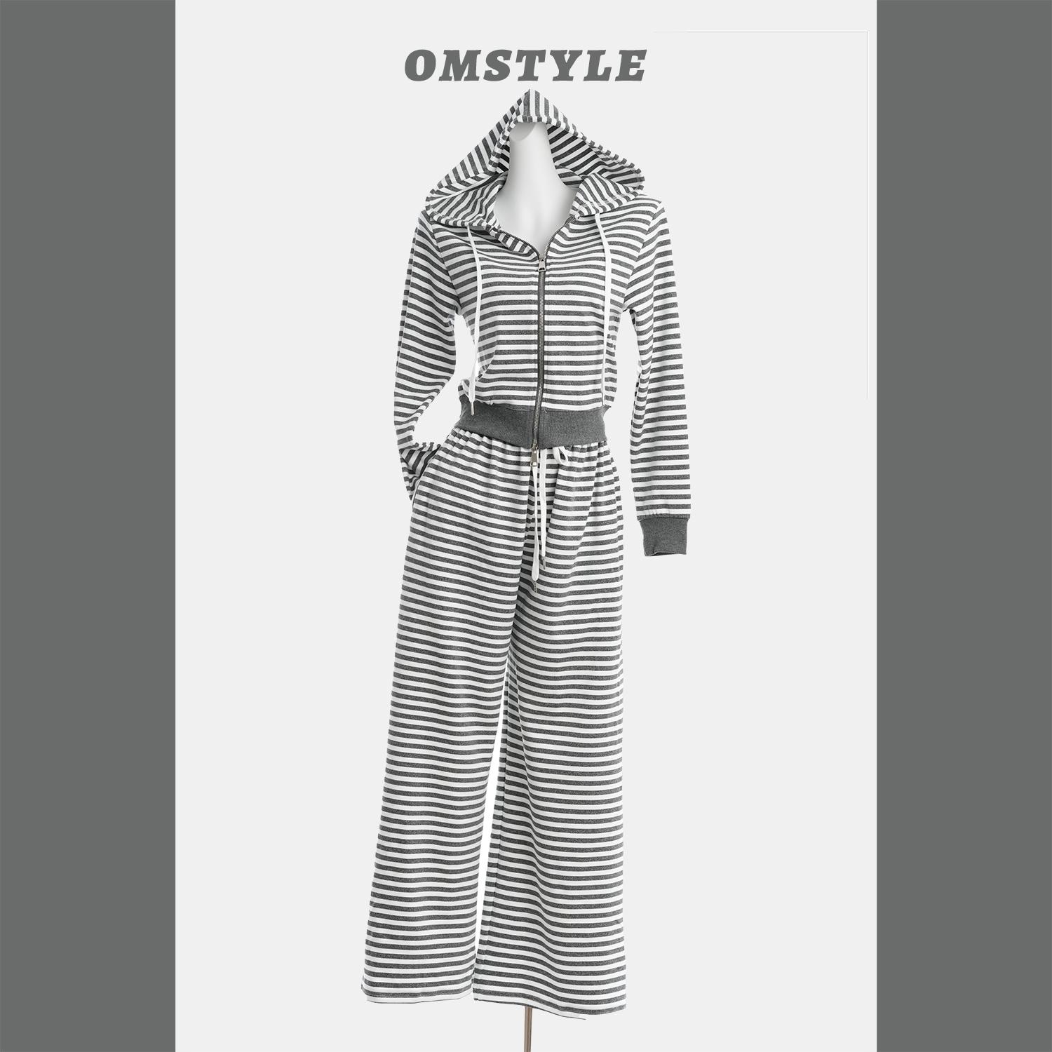 松弛感慵懒休闲套装秋条纹连帽