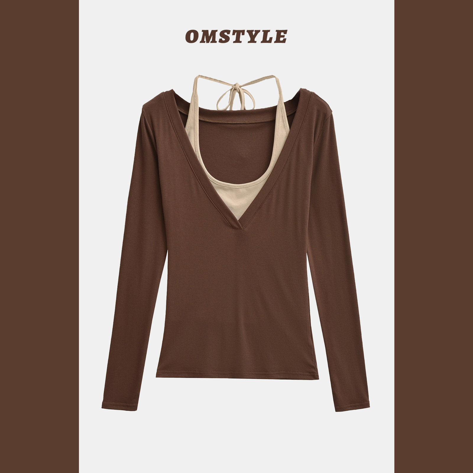 U领挂脖绑绳假两件撞色长袖t恤