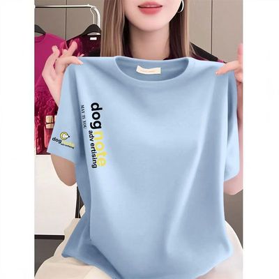 100%纯棉蓝色短袖休闲T恤女