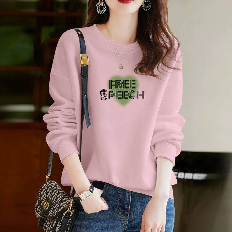 春秋纯棉粉色套头卫衣女时尚韩版百搭减龄宽松显瘦印花慵懒风上衣