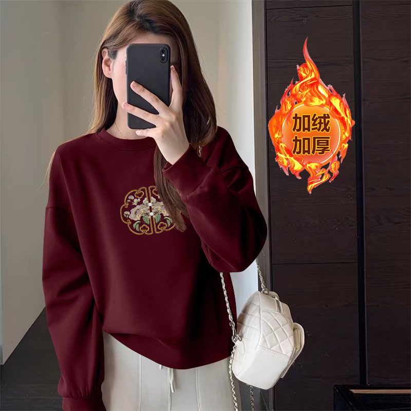 安可拉红加绒加厚纯棉短款卫衣