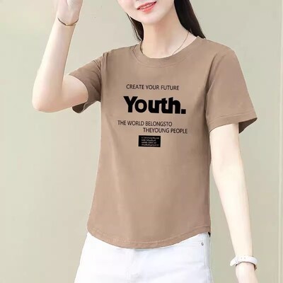 纯棉短袖弧形印花圆领T恤女夏
