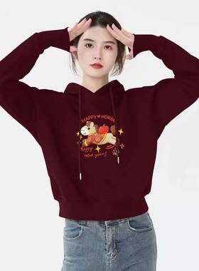 酒红色加绒加厚短款新年卫衣女