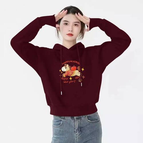 酒红色加绒加厚短款新年卫衣女