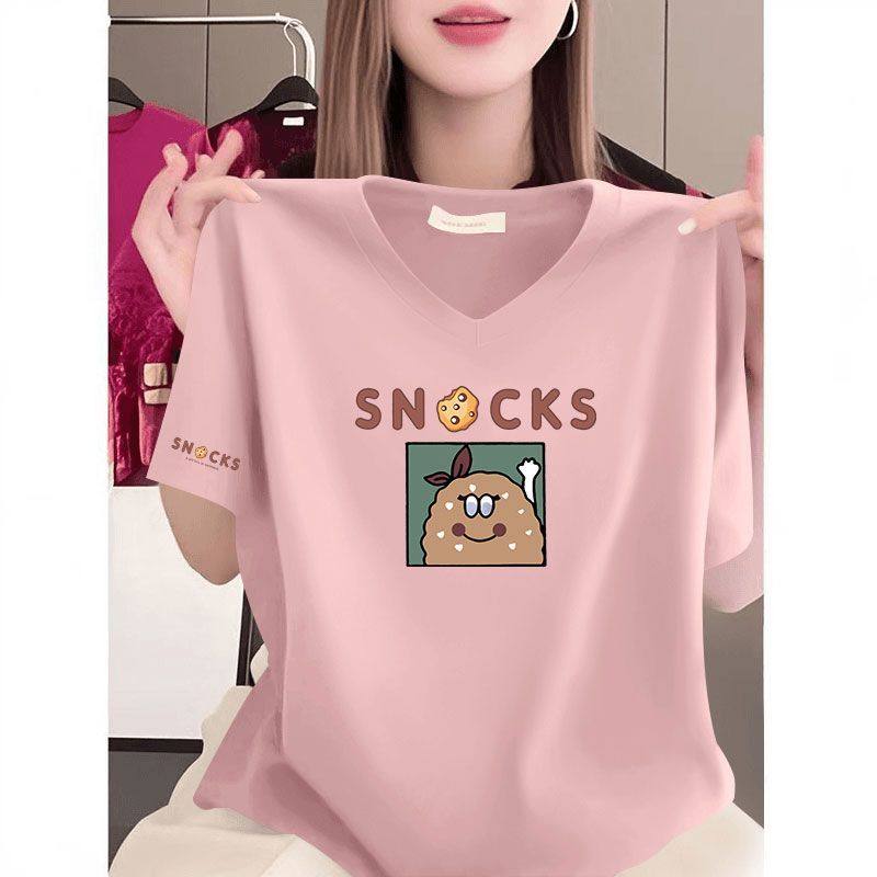 夏季女士纯棉薄款短袖V领T恤时尚新款潮流百搭印花显瘦薄款上衣服