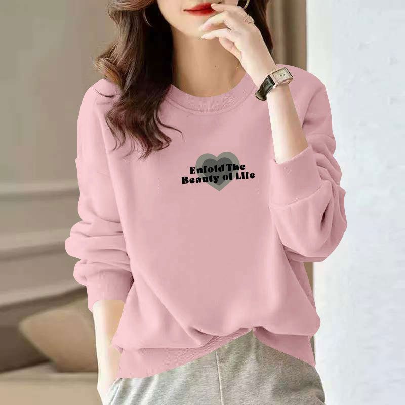 春秋纯棉粉色套头长袖卫衣女