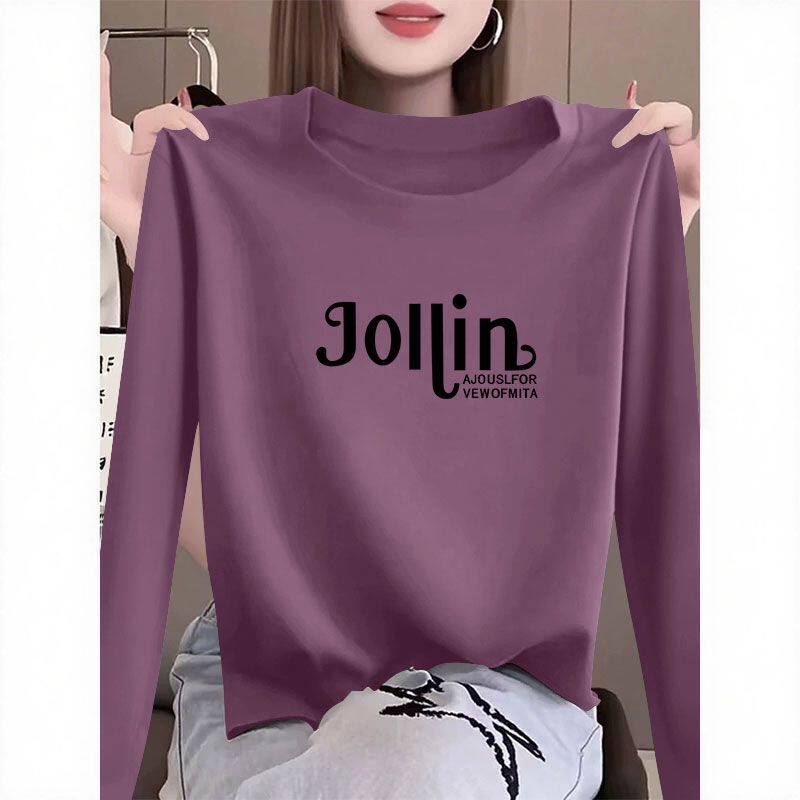 春秋款纯棉长袖印花圆领T恤女时尚通勤洋气宽松遮肉显瘦休闲上衣