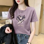休闲T恤韩版 夏季 女士纯棉芋紫短袖 洋气减龄通勤宽松显瘦印花上衣