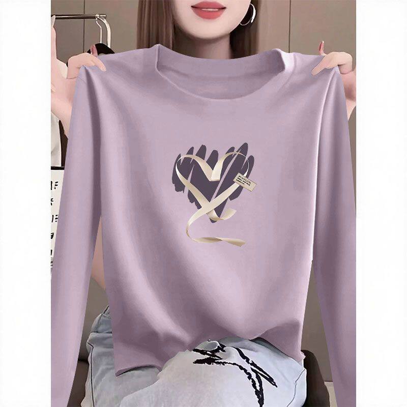 春秋纯棉内搭长袖印花T恤女时尚新款潮流百搭宽松显瘦休闲上衣服