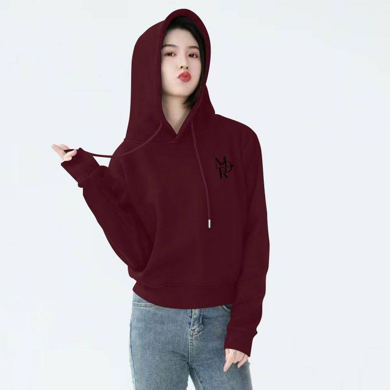 秋冬纯棉酒红色加绒加厚短款连帽卫衣女时尚韩版百搭小个子上衣潮