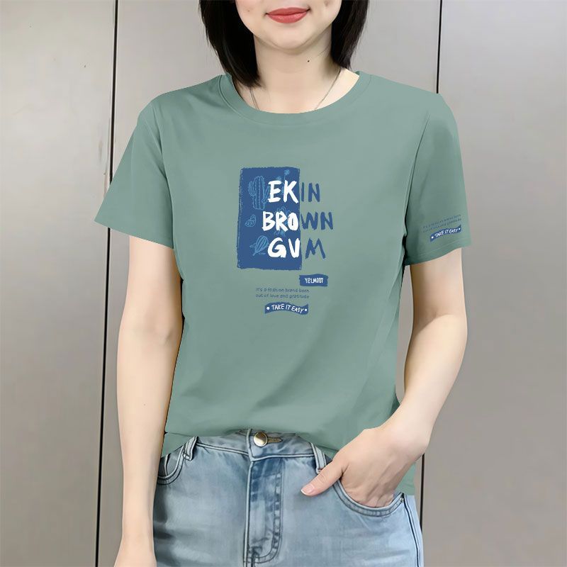 夏季100%纯棉女士短袖休闲T恤时尚洋气减龄宽松遮肚显瘦印花上衣