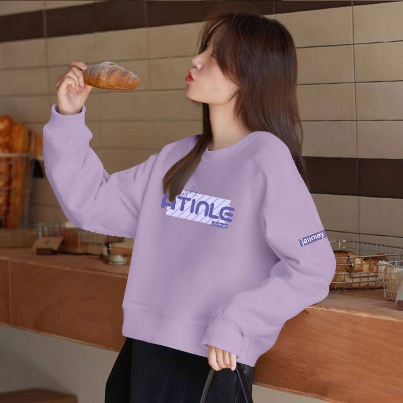 秋冬韩版纯棉高腰短款卫衣女时尚洋气潮流百搭显瘦小个子印花上衣