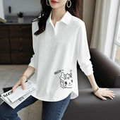 春秋100%纯棉长袖 百搭宽松显瘦印花上衣 洋气新款 POLO衫 T恤女时尚
