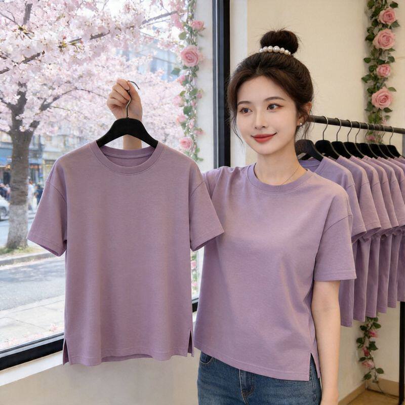 芋紫色韩系短袖开叉T恤女