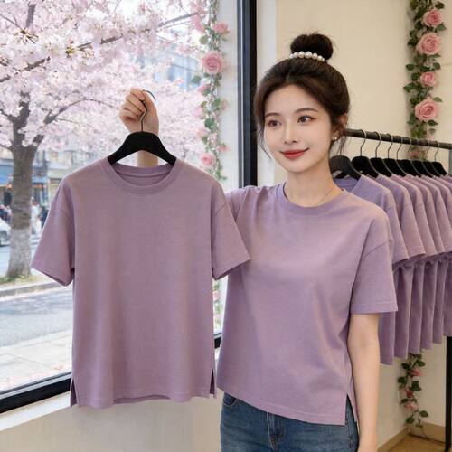 芋紫色韩系短袖开叉T恤女