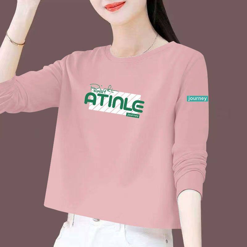 100%纯棉长袖短款T恤女春秋新款时尚洋气百搭小个子印花高腰上衣