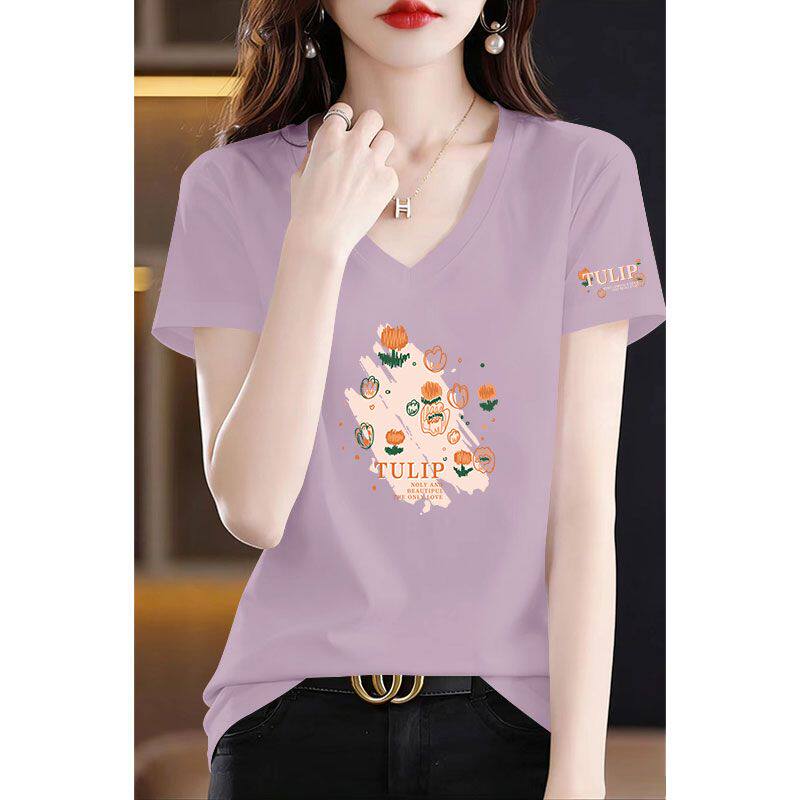 夏季100%纯棉芋紫色短袖V领T恤女时尚新款洋气韩版百搭显瘦上衣潮
