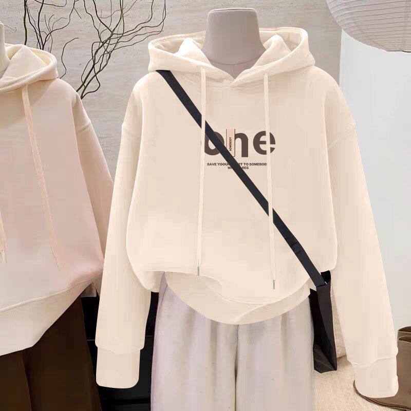 纯棉加绒加厚连帽短款卫衣女秋冬新款时尚洋气潮流宽松显瘦上衣服