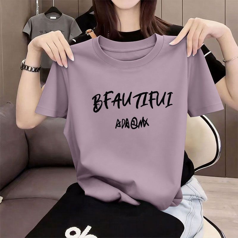 纯棉女士短袖印花圆领T恤时尚