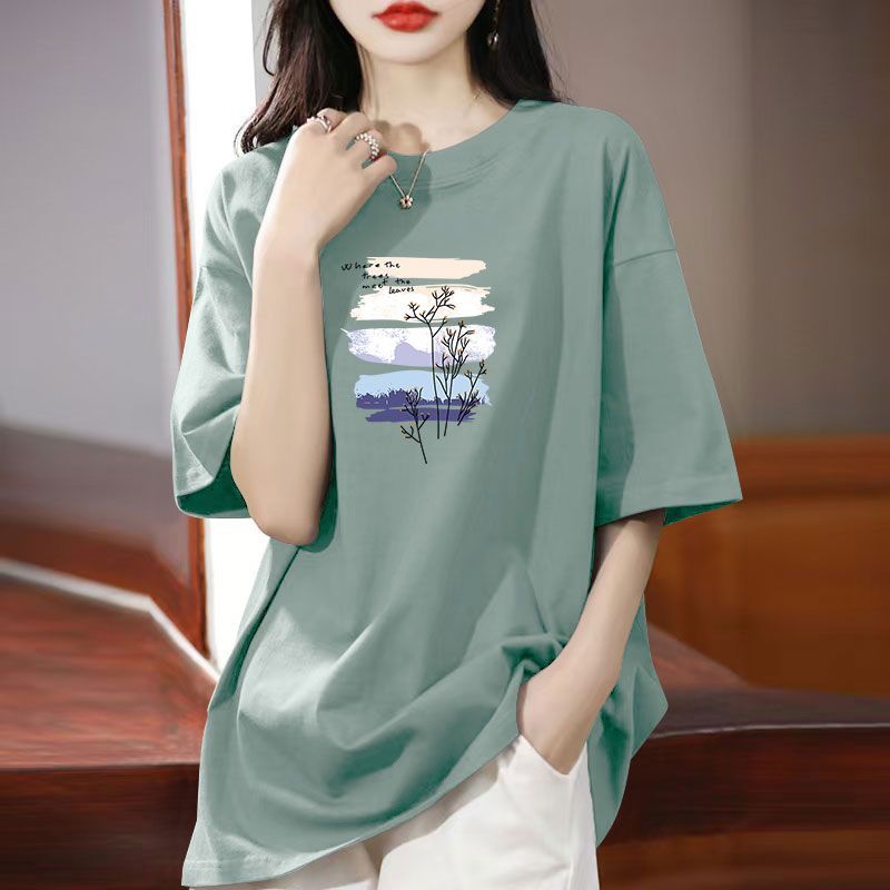 夏季抹茶绿纯棉中长款短袖T恤女