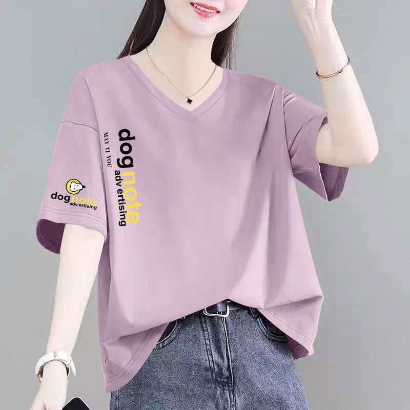 100%纯棉女士短袖V领薄款T恤夏新款韩版洋气减龄宽松显瘦半袖上衣