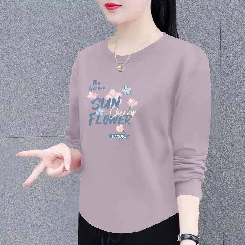 纯棉长袖弧形圆领T恤女春秋新款韩版洋气百搭宽松遮肉设计感上衣