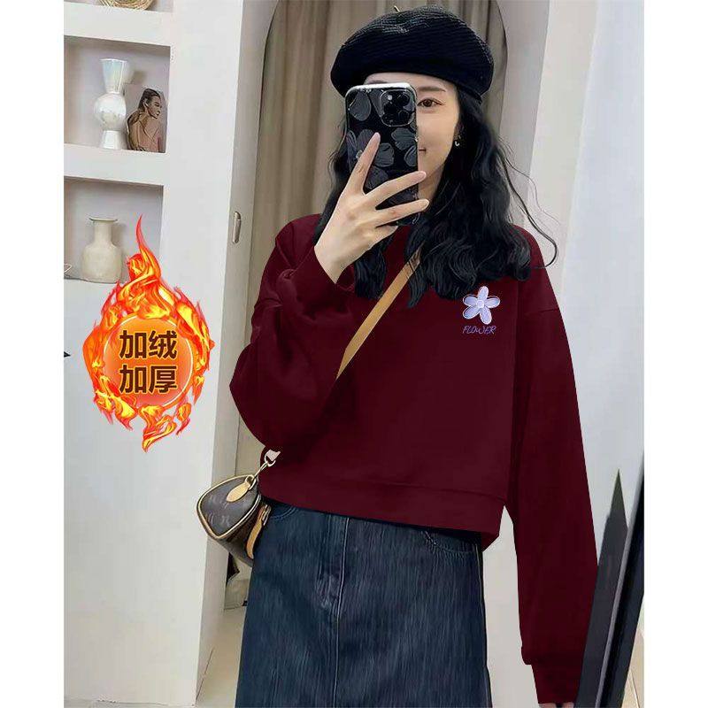 纯棉短款卫衣女加绒加厚秋冬新款时尚洋气百搭宽松显瘦印花上衣服