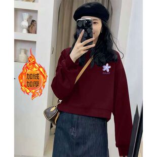 纯棉短款卫衣女加绒加厚秋冬新款时尚洋气百搭宽松显瘦印花上衣服
