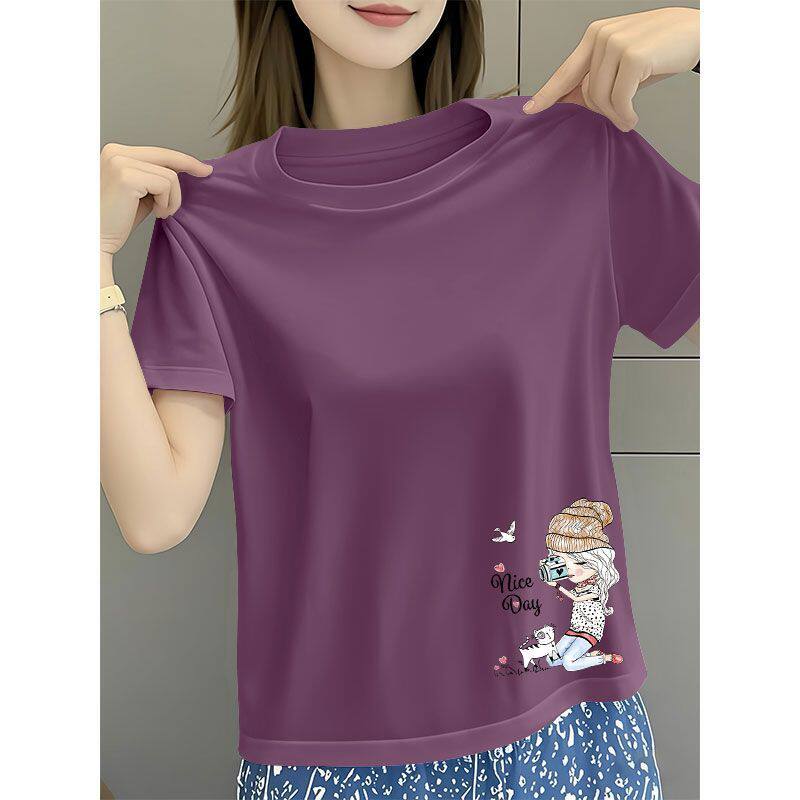 纯棉兰花紫短袖圆领T恤女夏季新款时尚通勤韩版百搭宽松遮肚上衣