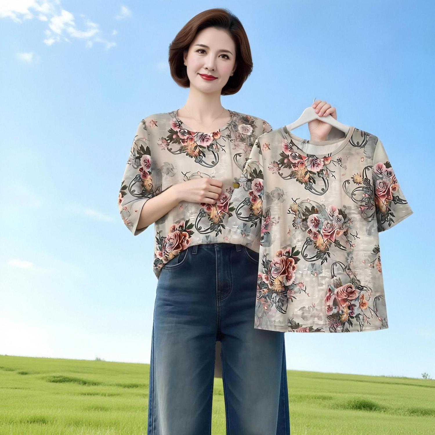 冰丝凉感七分袖印花T恤女时尚