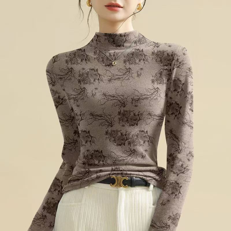 春秋德绒半高领水墨风打底衫女时尚洋气减龄百搭显瘦设计感上衣服