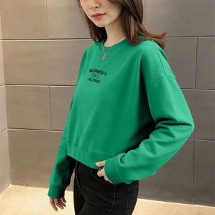 秋冬纯棉绿色加绒加厚短款卫衣女时尚新款洋气通勤韩版百搭上衣服