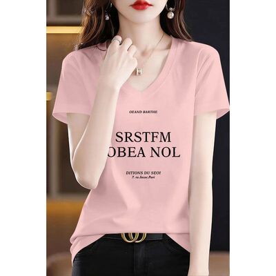 夏季纯棉粉色短袖V领T恤女